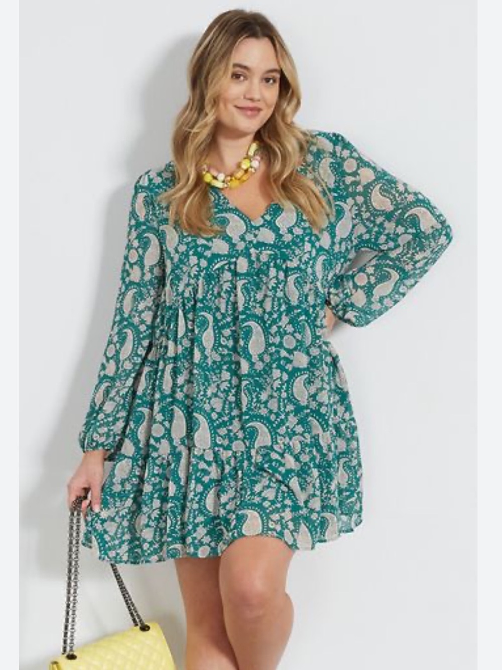 MELLODAY Teal Paisley Tiered Mini Babydoll Dress Size S Summer Feminine